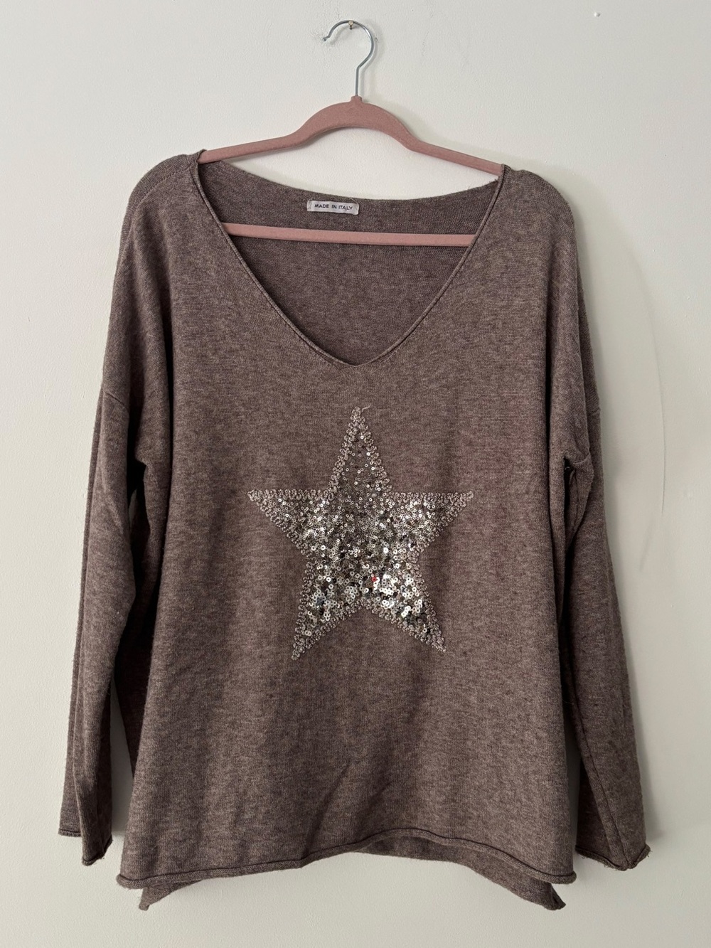 Sequin Star Sweater Womens XL Taupe V Neck Oversized Slouchy Knit Made in Italy